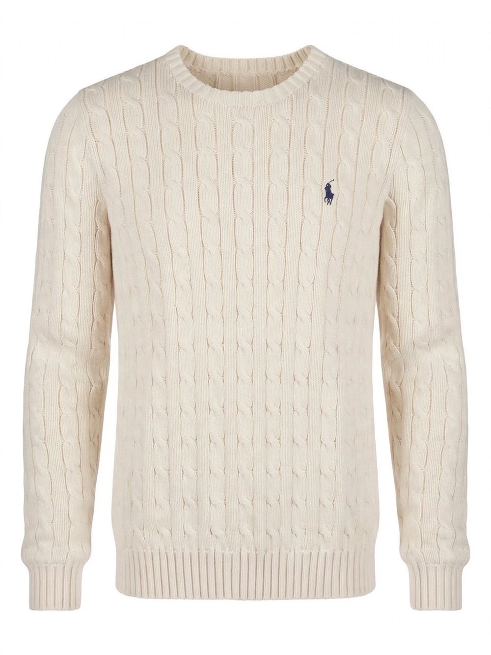 Polo by Ralph Lauren womenโs Cream Cable Knit Crewneck Sweater with Navy Pony